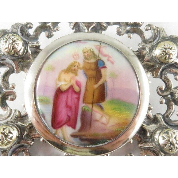 Austro Hungarian 800 Silver Porcelain Brooch Jesus & John the Baptist c1900 - Picture 2 of 10